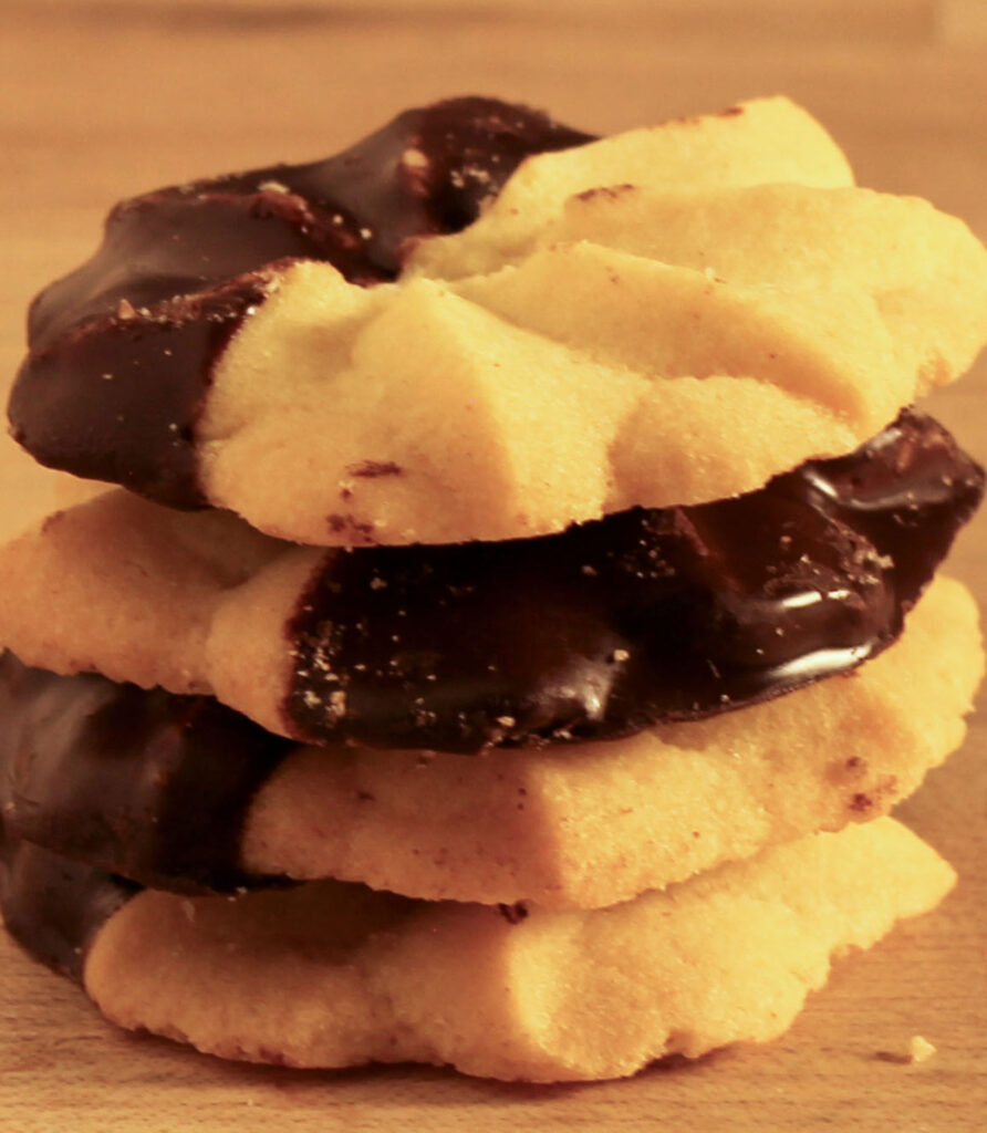 close-up chocolate dip butter cookie